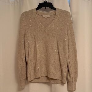 LOFT Women's Beige V-Neck Sweater with Sparkle